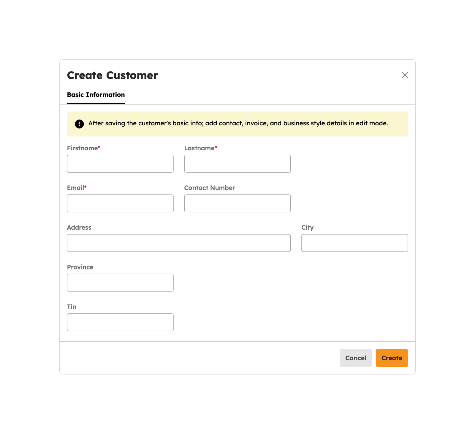 Create Customer modal