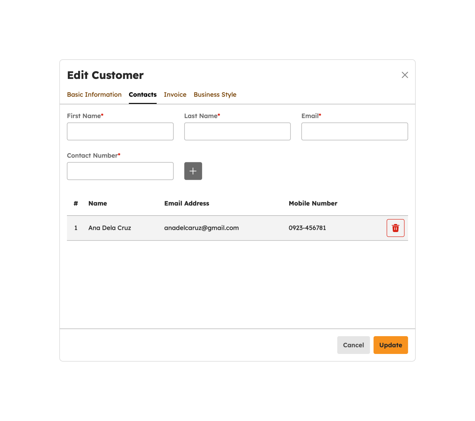 Edit Customer Contacts modal