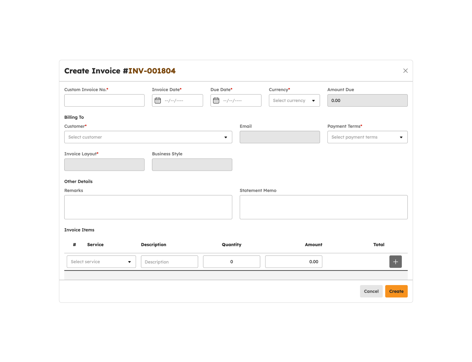 Create Invoice modal