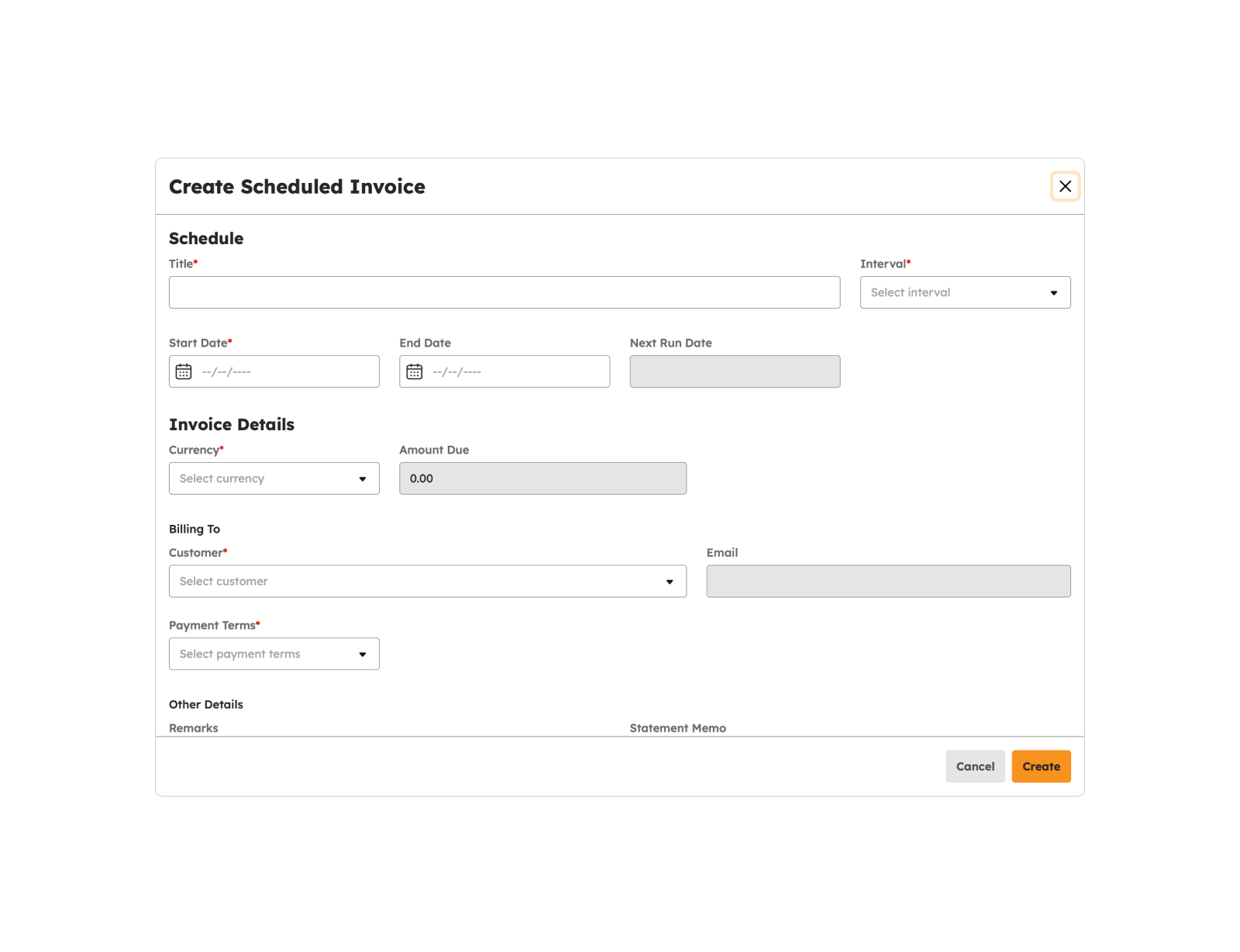 Create Scheduled Invoice modal