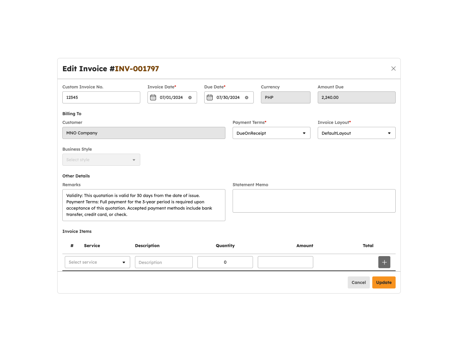 Edit Invoice modal