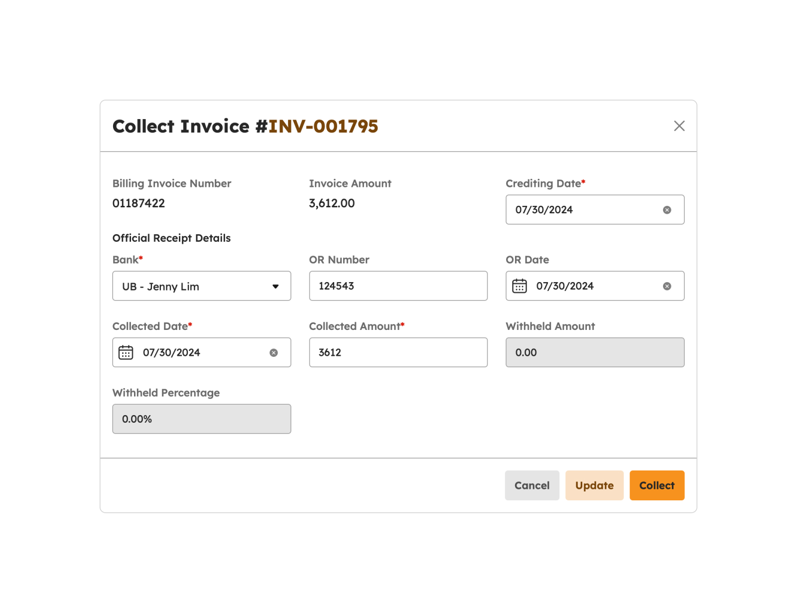 Set Invoice As Collected modal