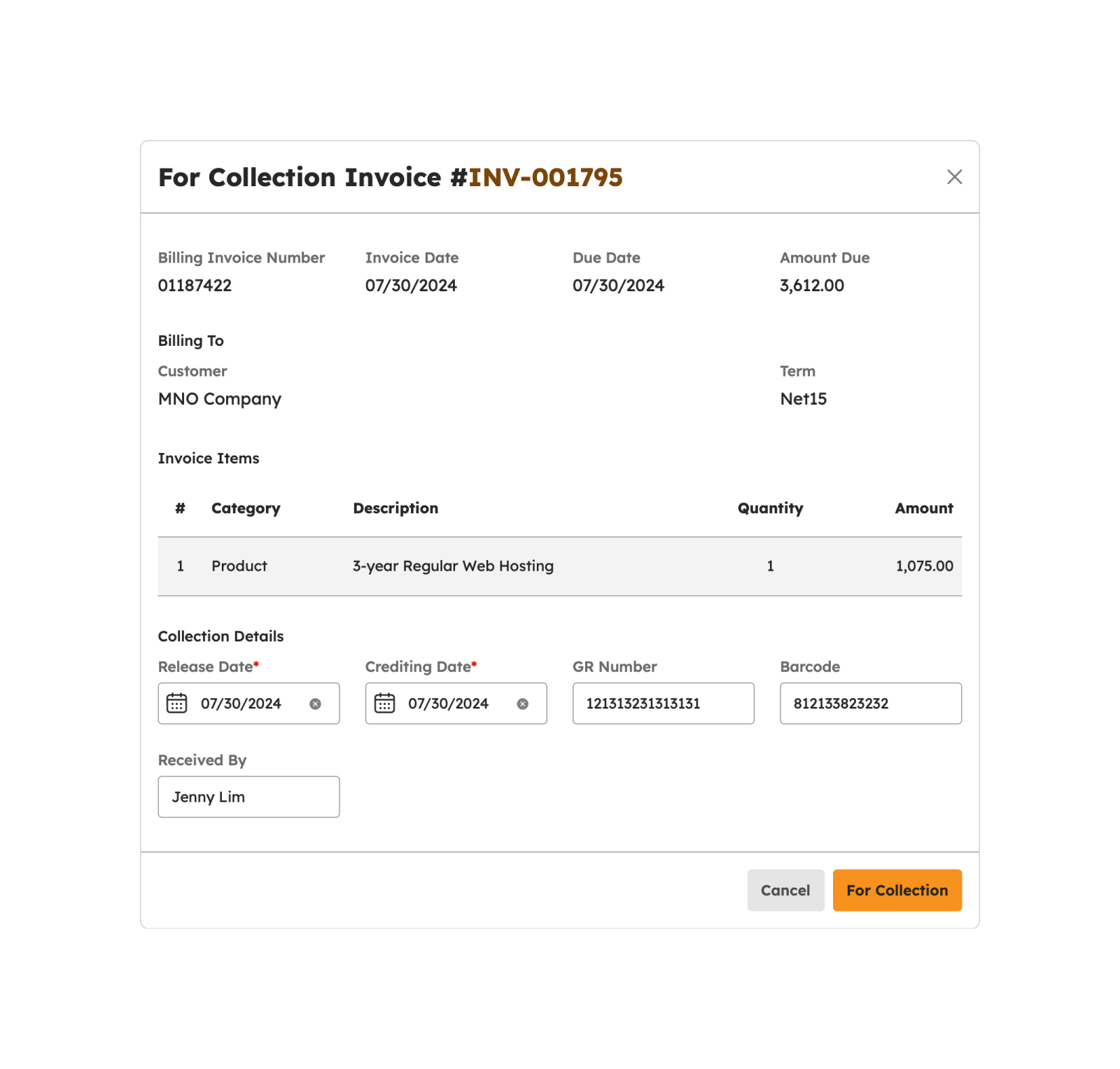 Set Invoice For Collection modal