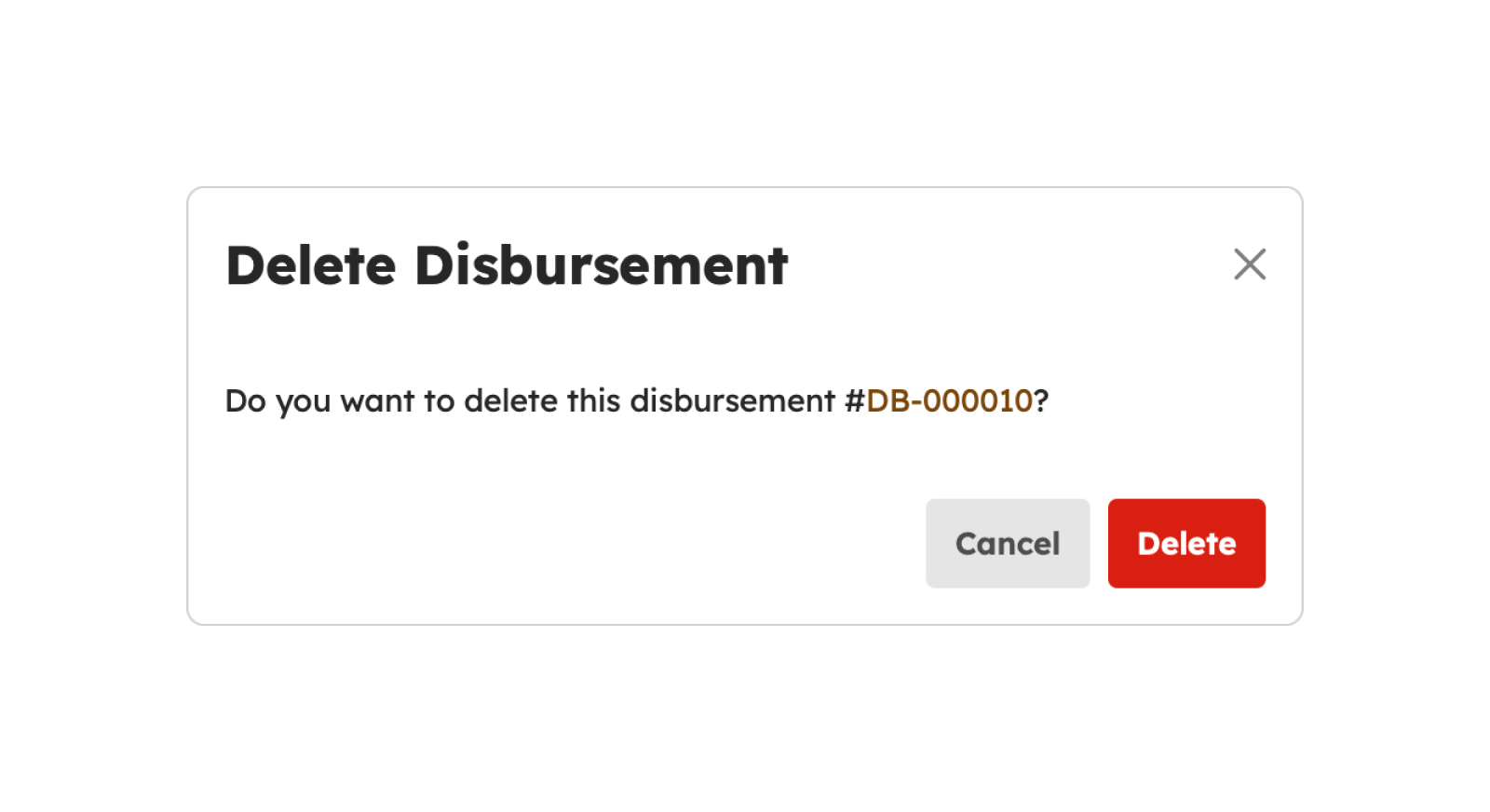 Delete Disbursement modal