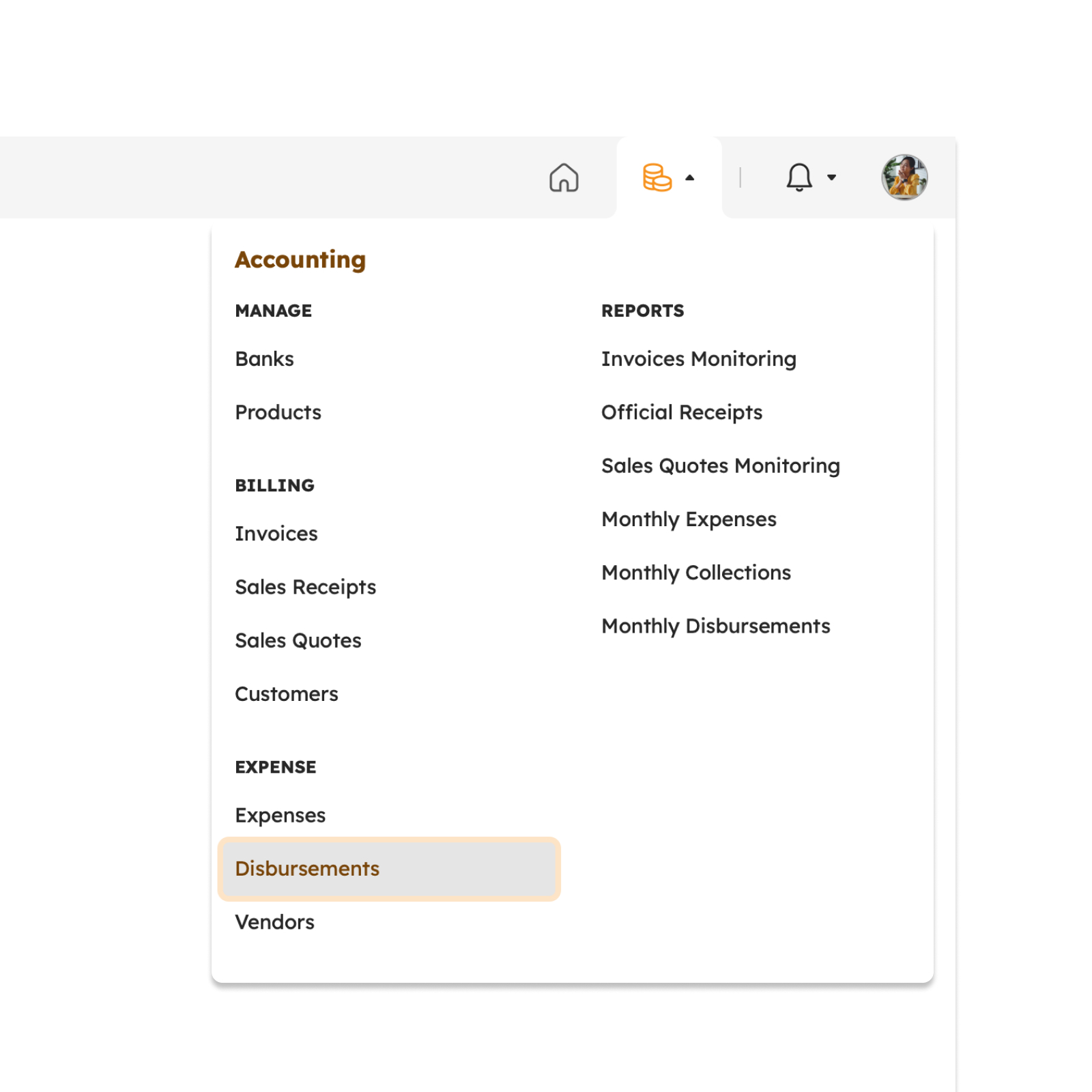 Disbursements menu item