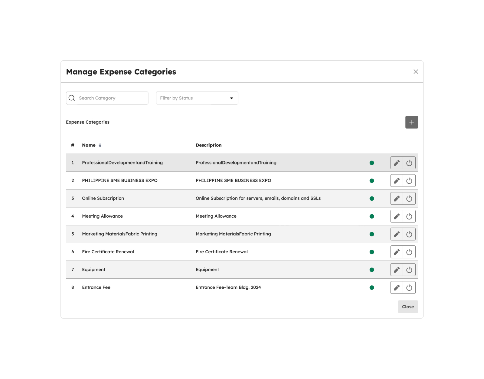 Expense Categories Page