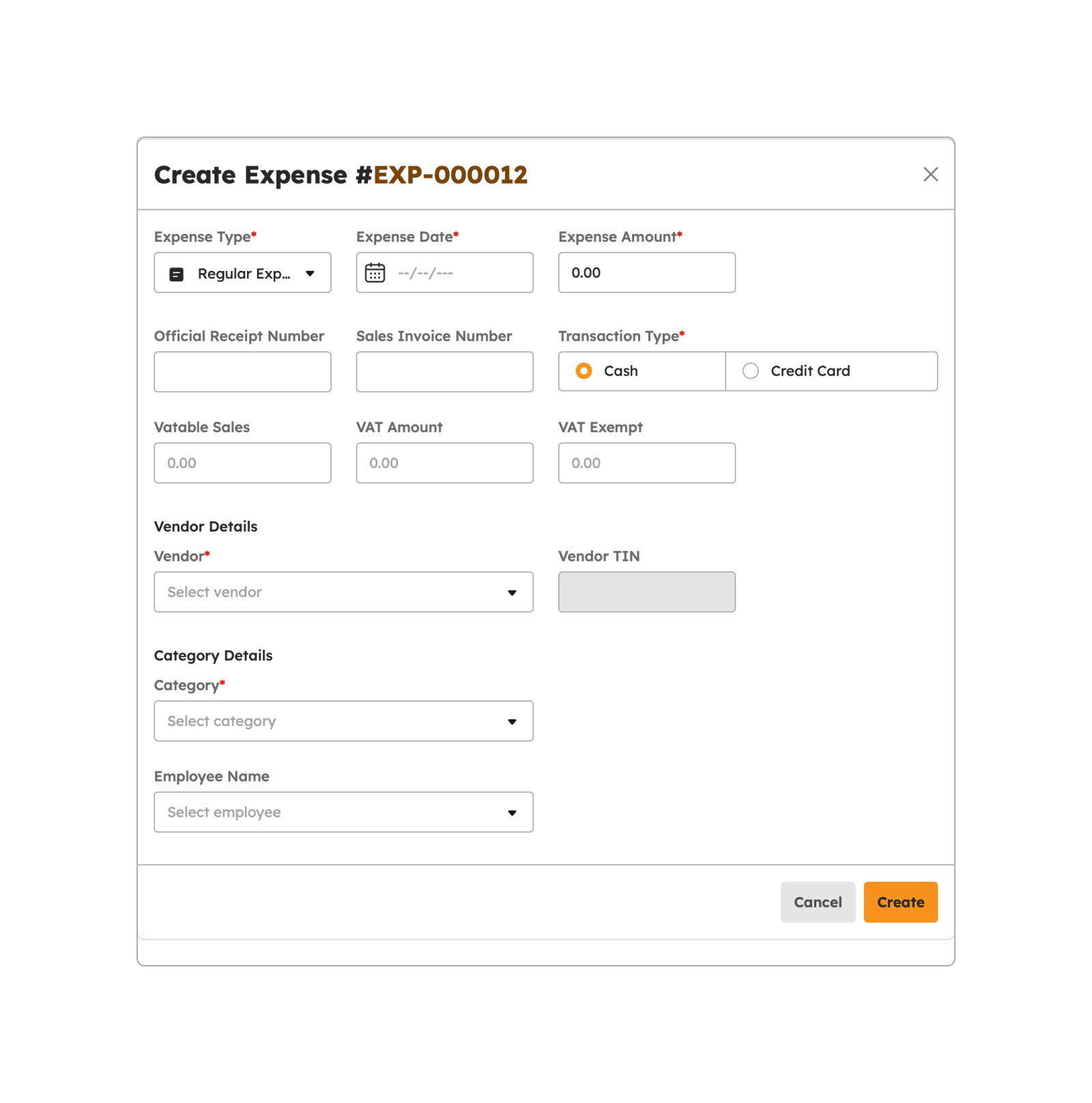 Creating a Regular Expense Item modal