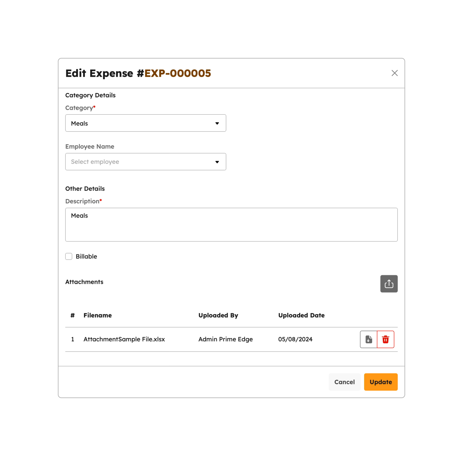 Editing an Expense Items modal