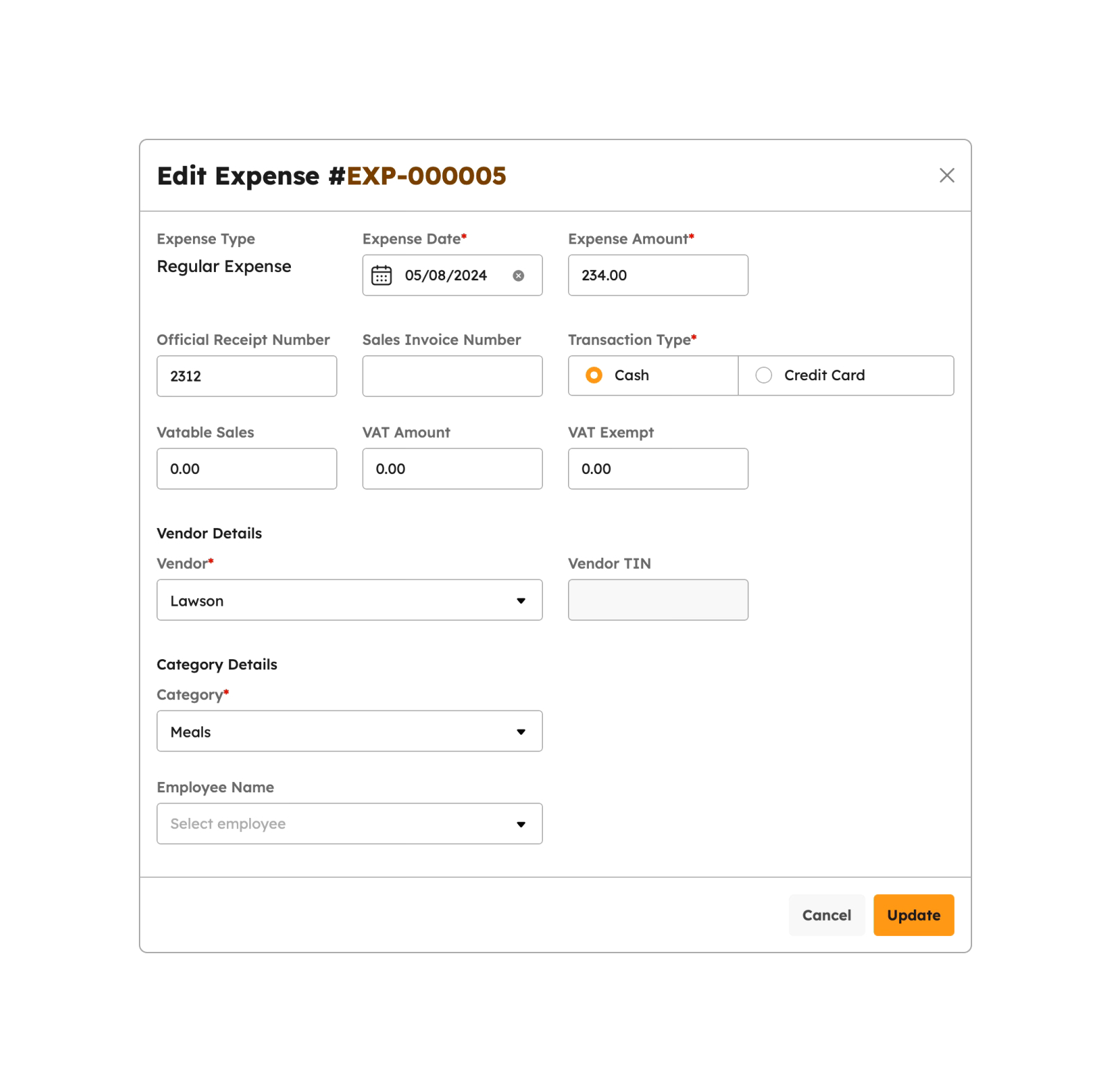 Editing an Expense Items modal