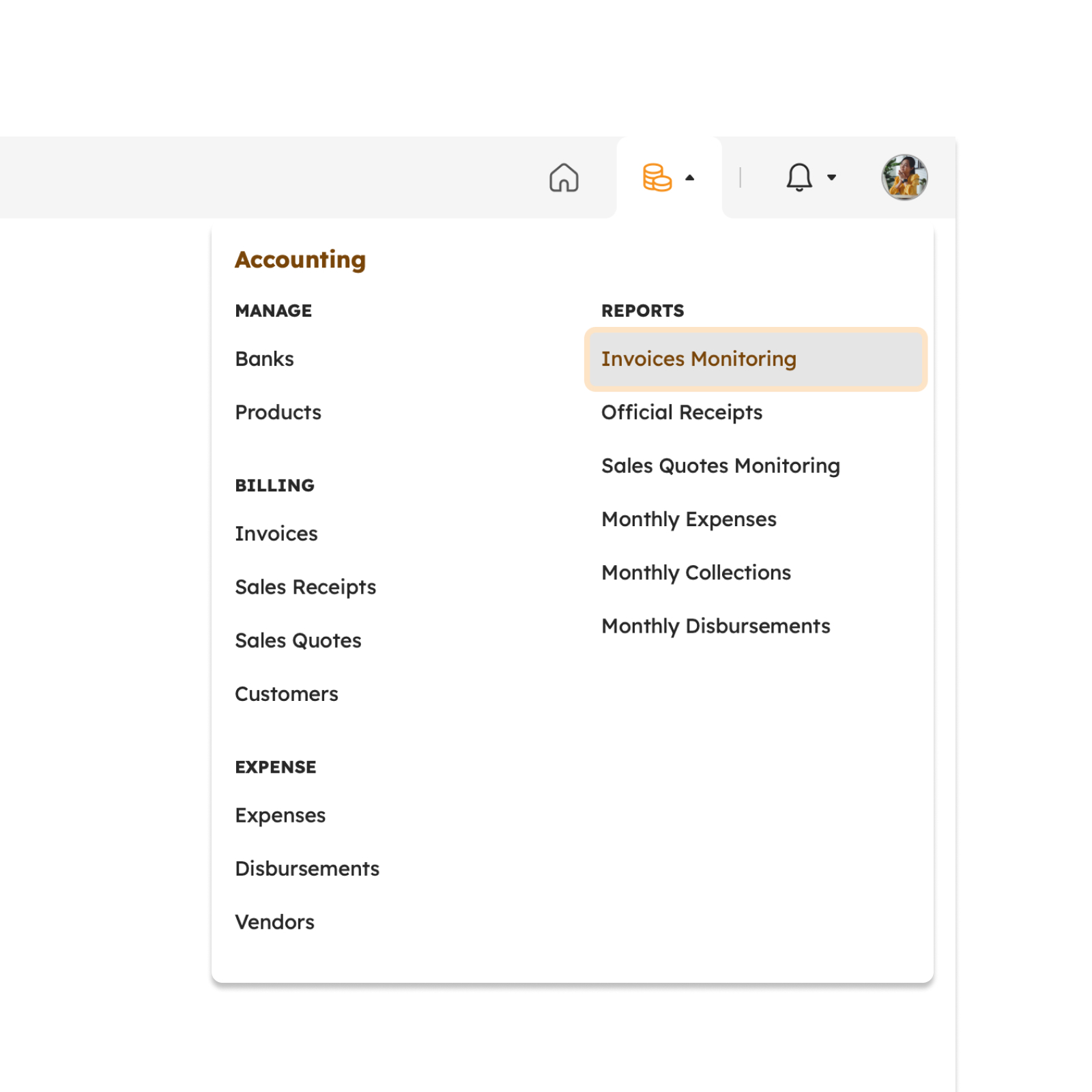 Invoice Monitoring menu item