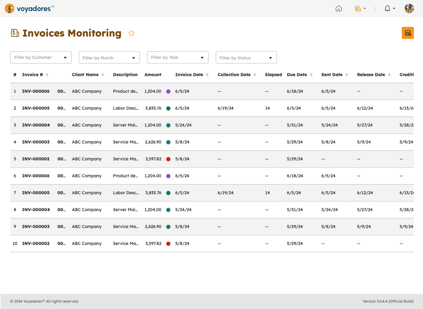 Invoice Monitoring page