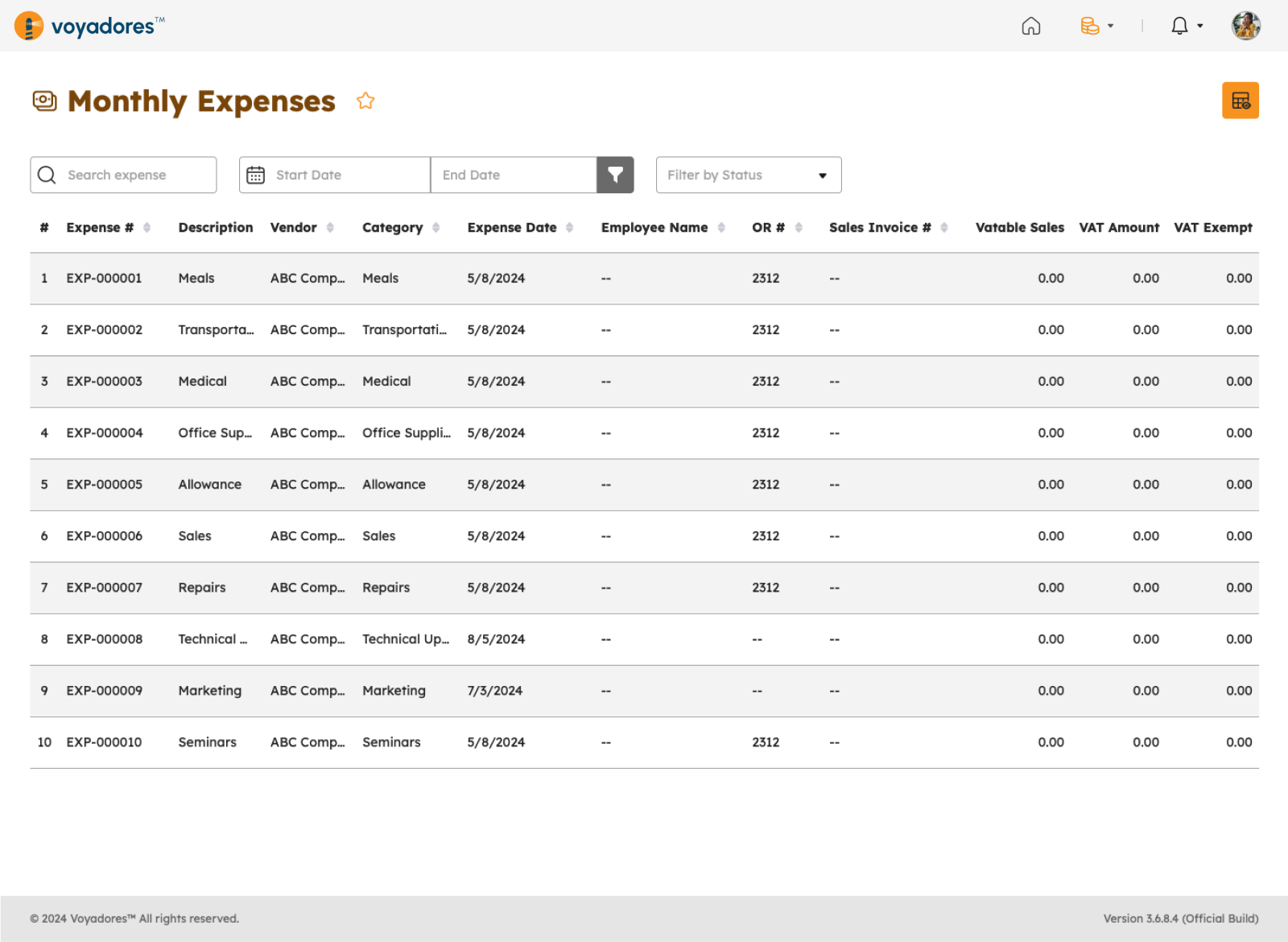 Monthly Expenses page