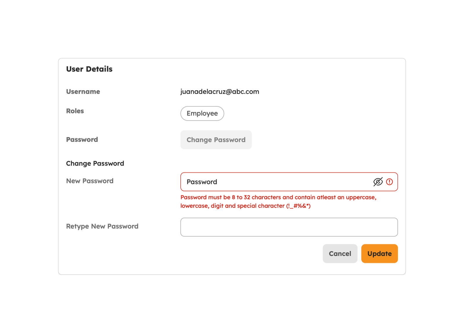 Change Password invalid field