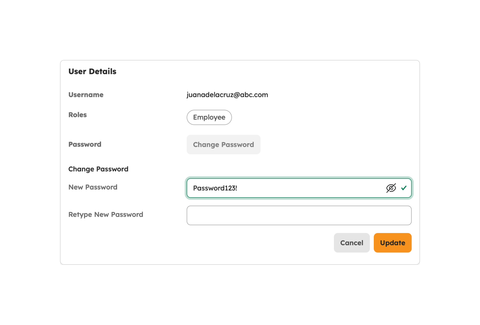 Change Password valid field