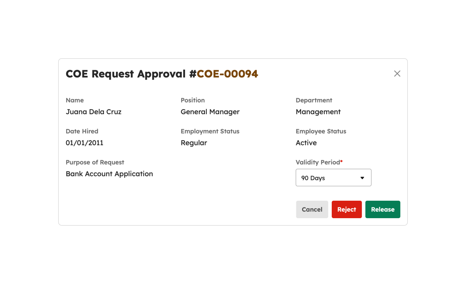 Approving COE Request modal