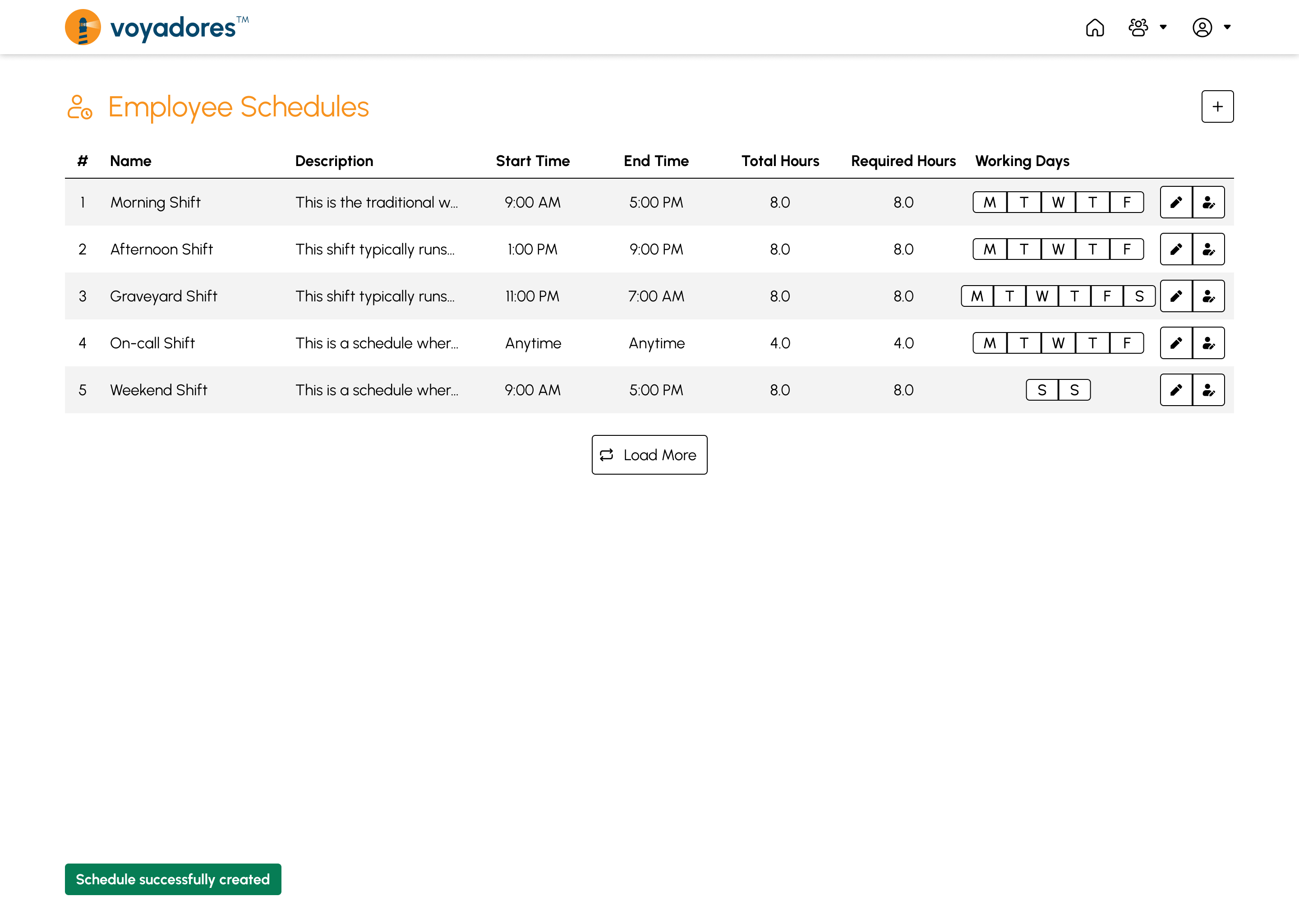 Employees Schedule page