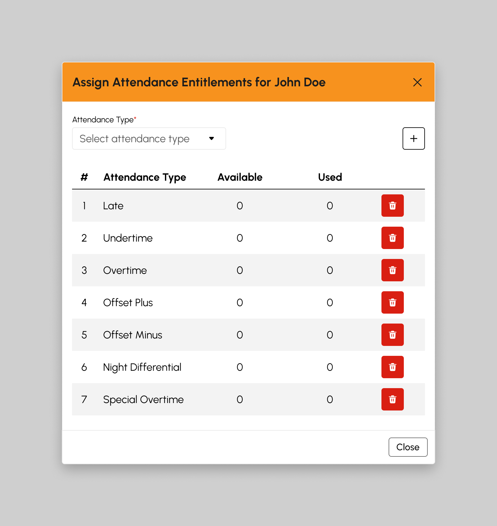 Assign Attendance Entitlements modal filled