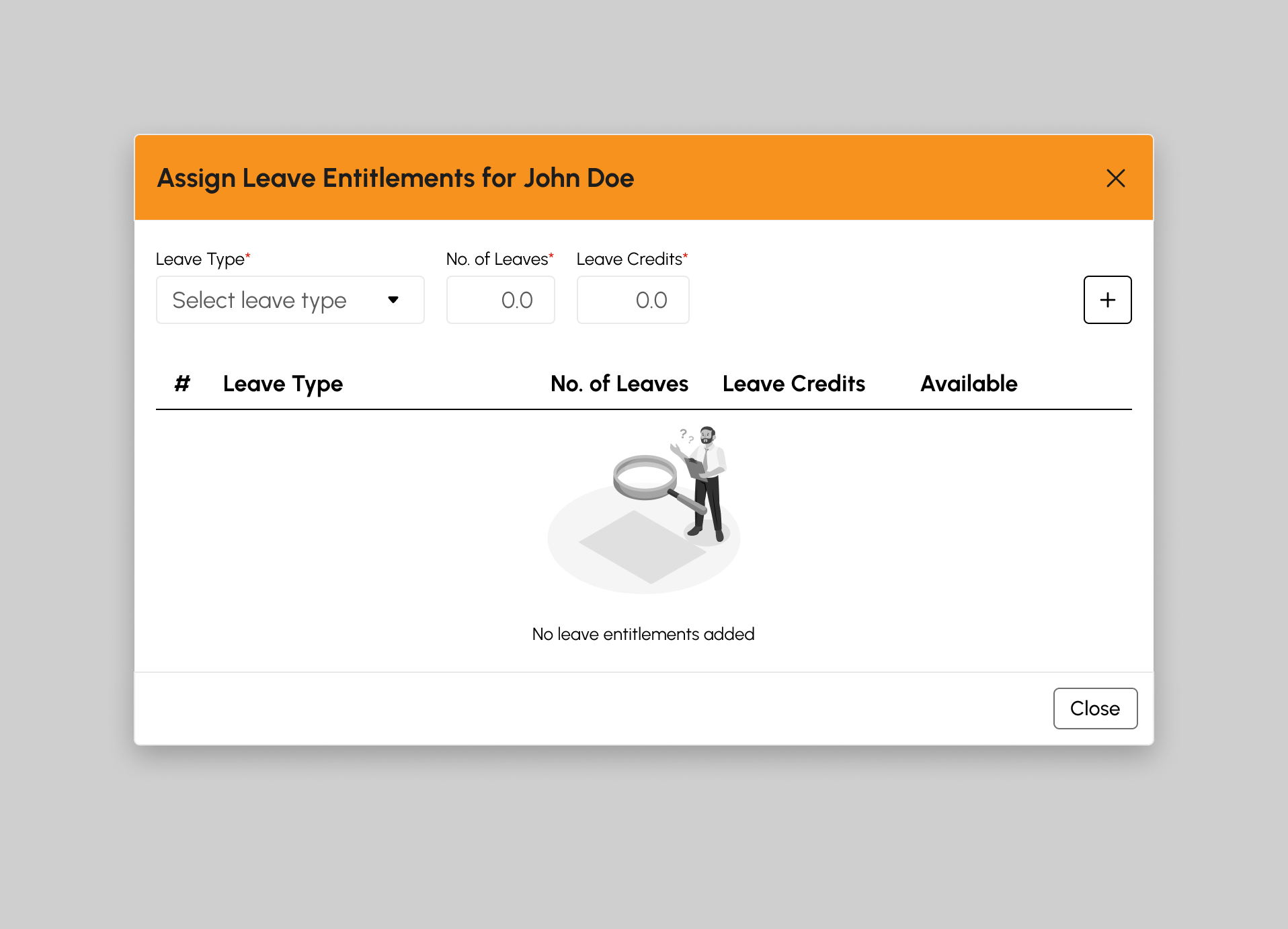 Assigning Leave Entitlements modal empty