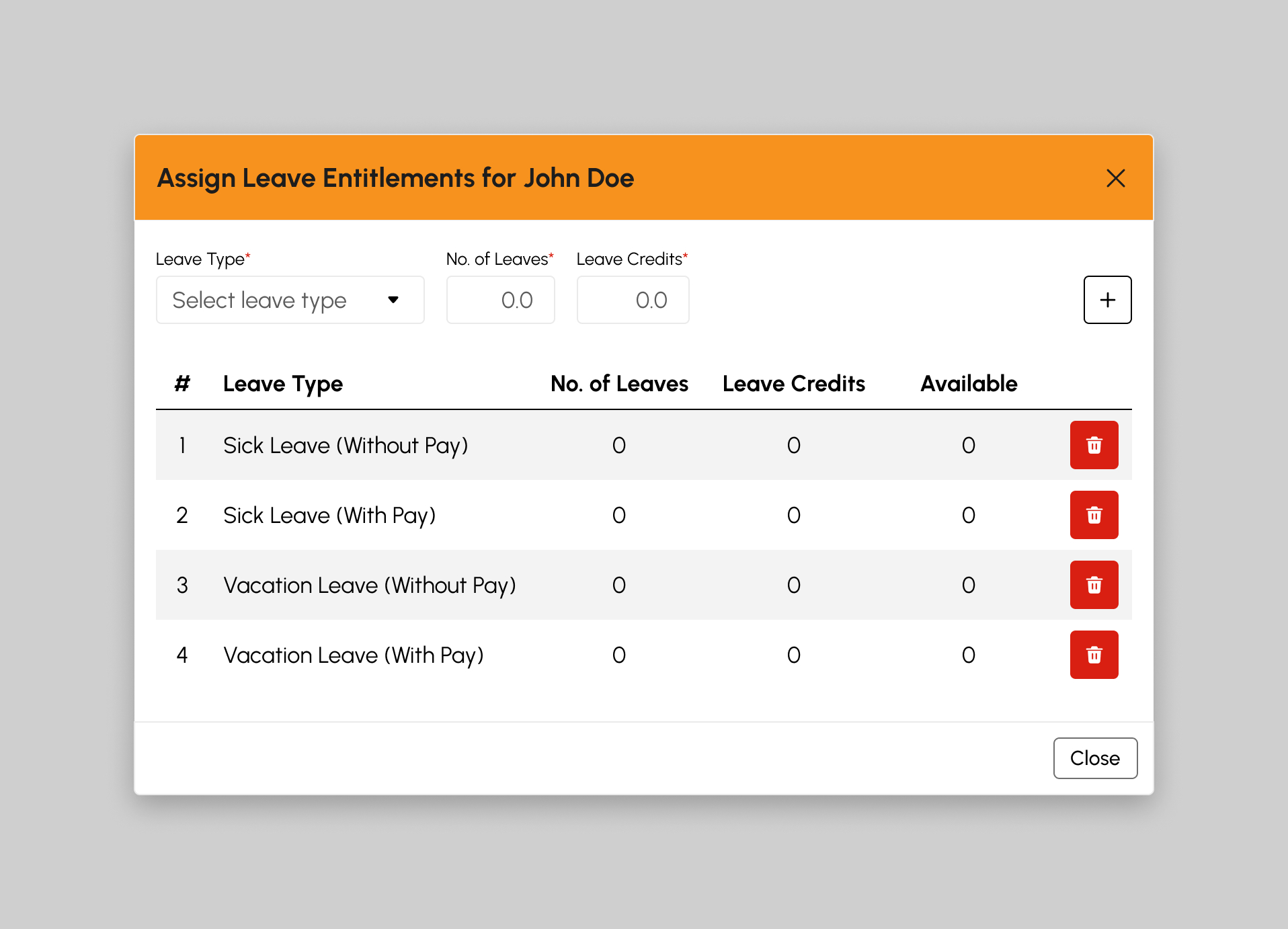 Assign Leave Entitlements modal filled