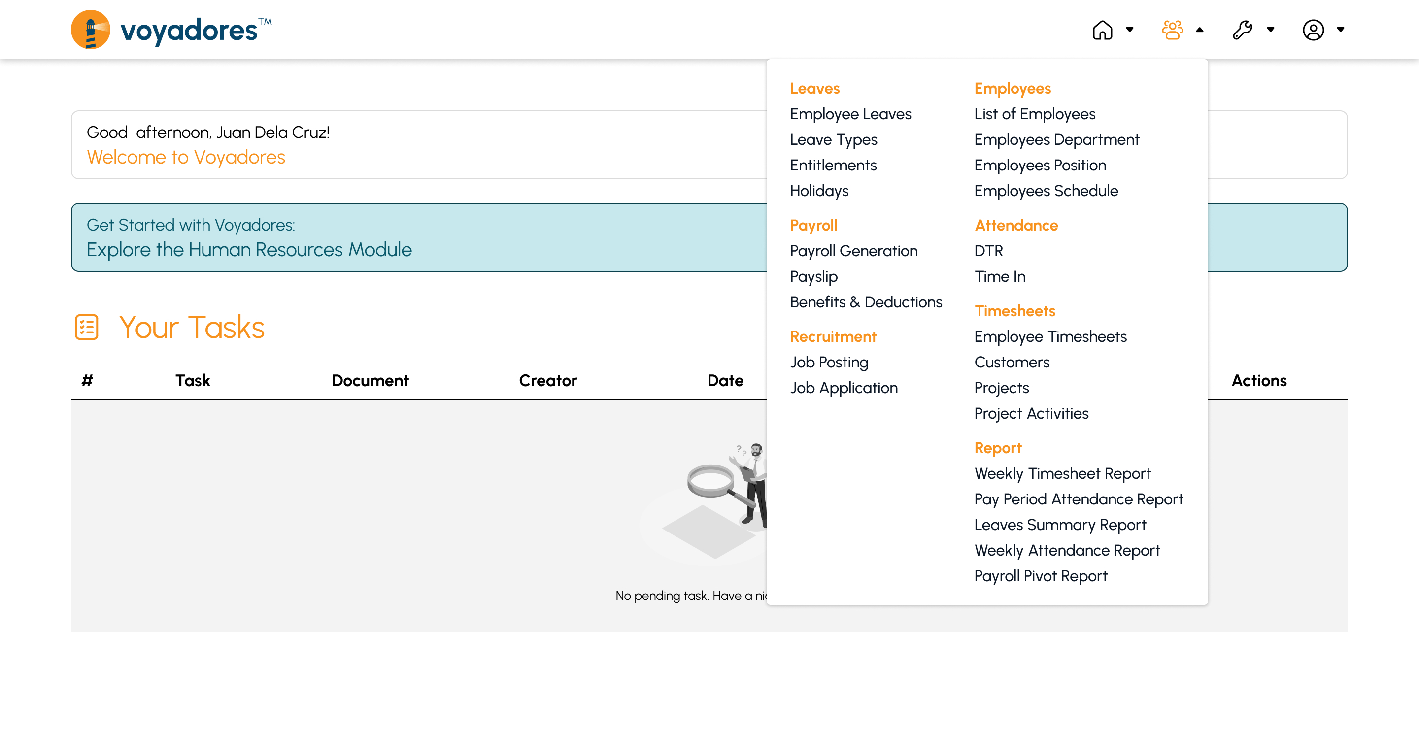 Voyadores dashboard with Human Resources menu displayed