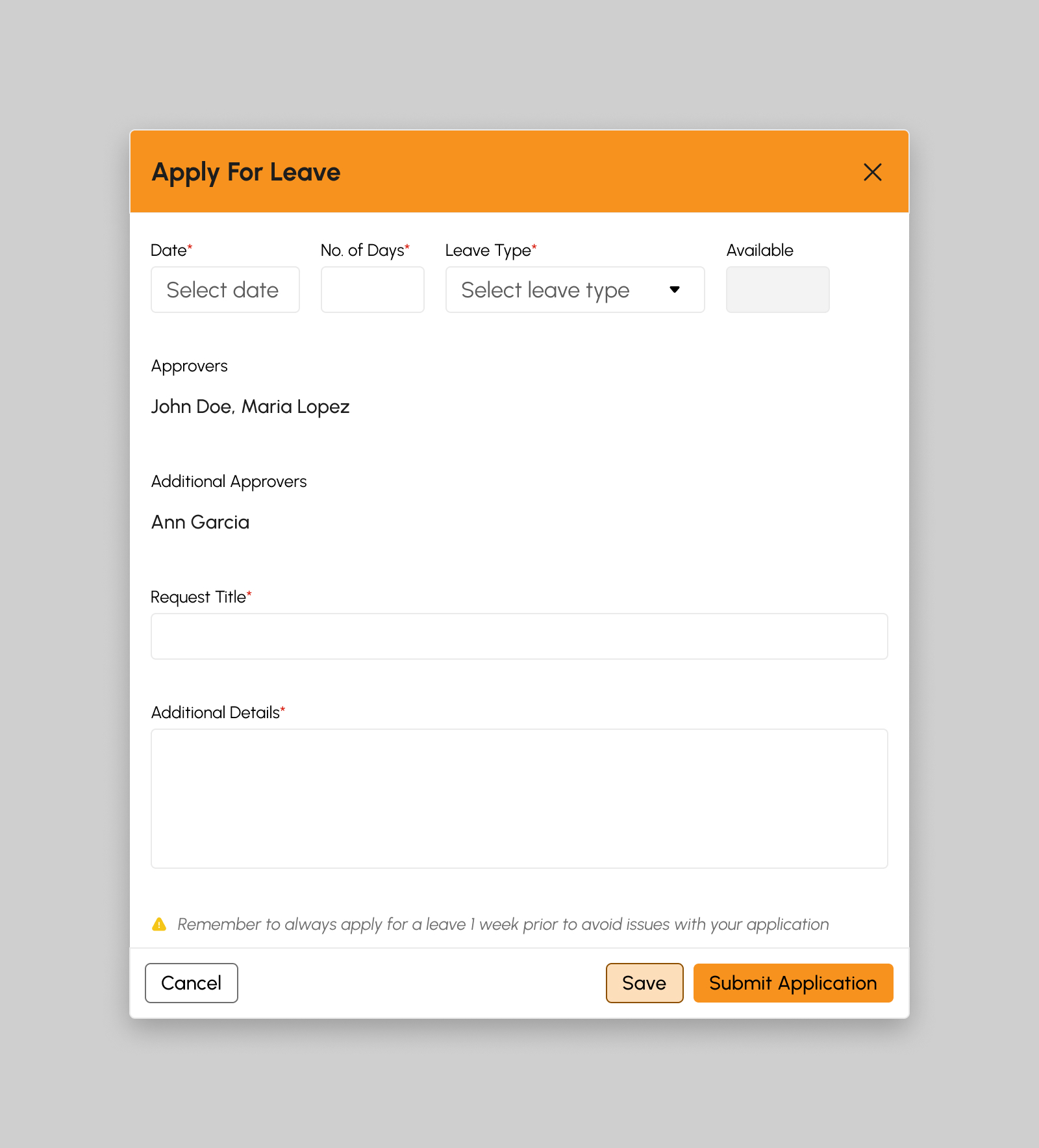 Applying for leave modal