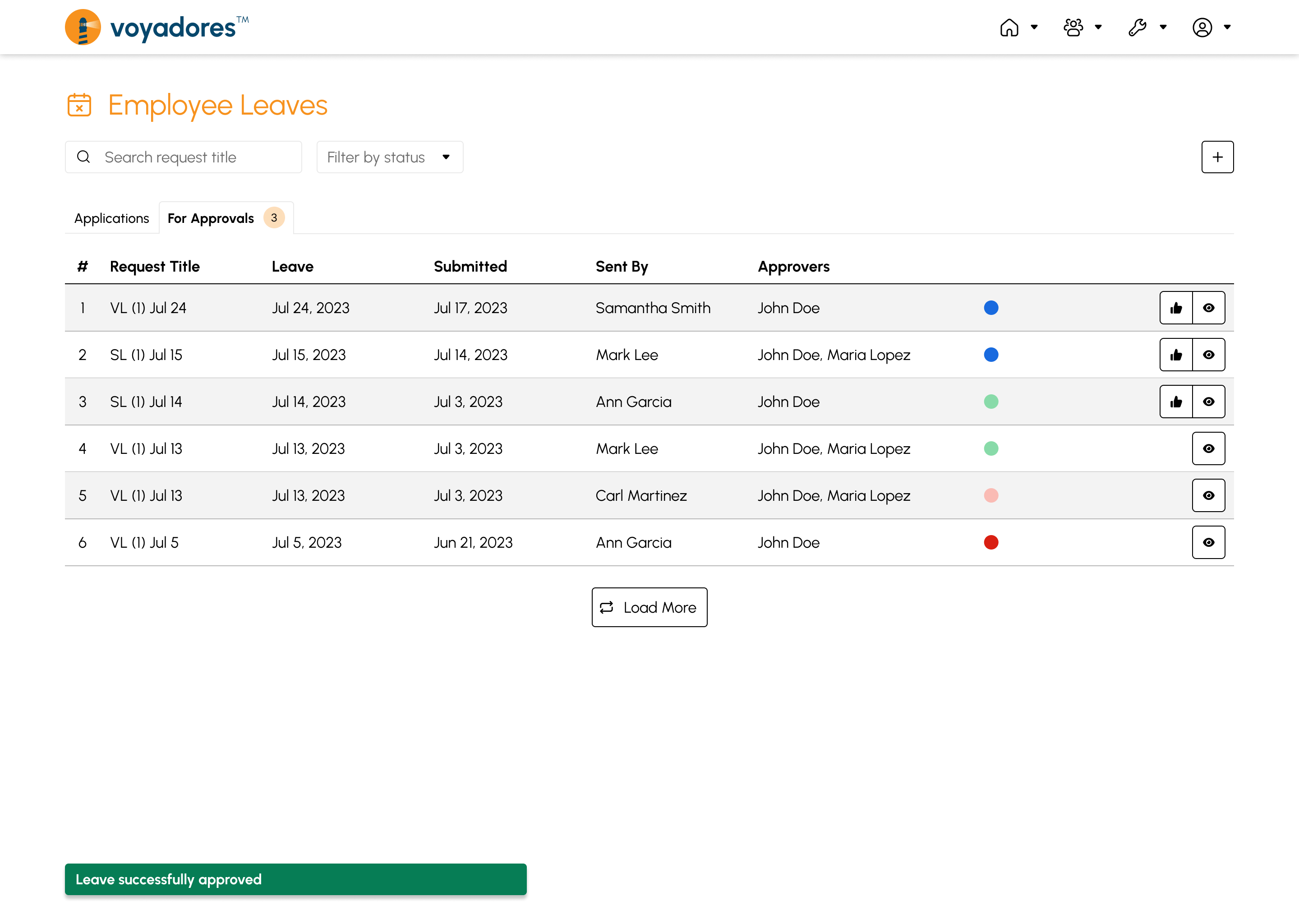 Employee Leaves for approvals summary table