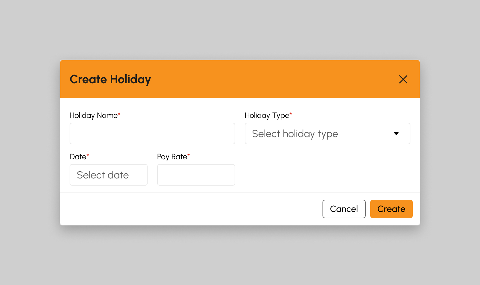 Create Holiday modal