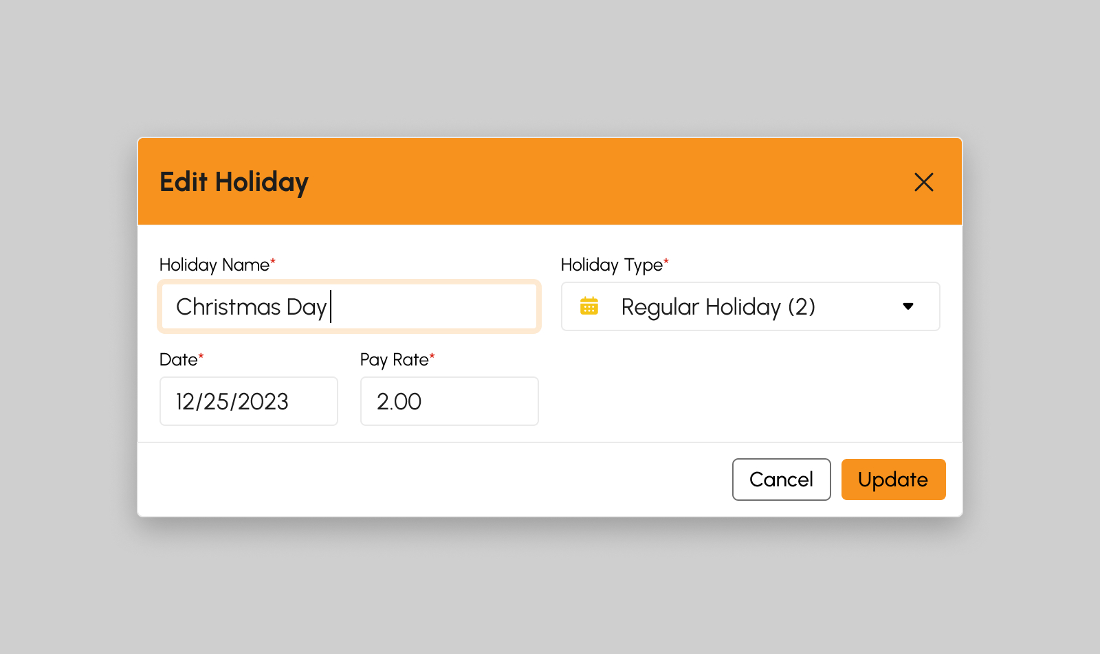 Edit Holiday modal