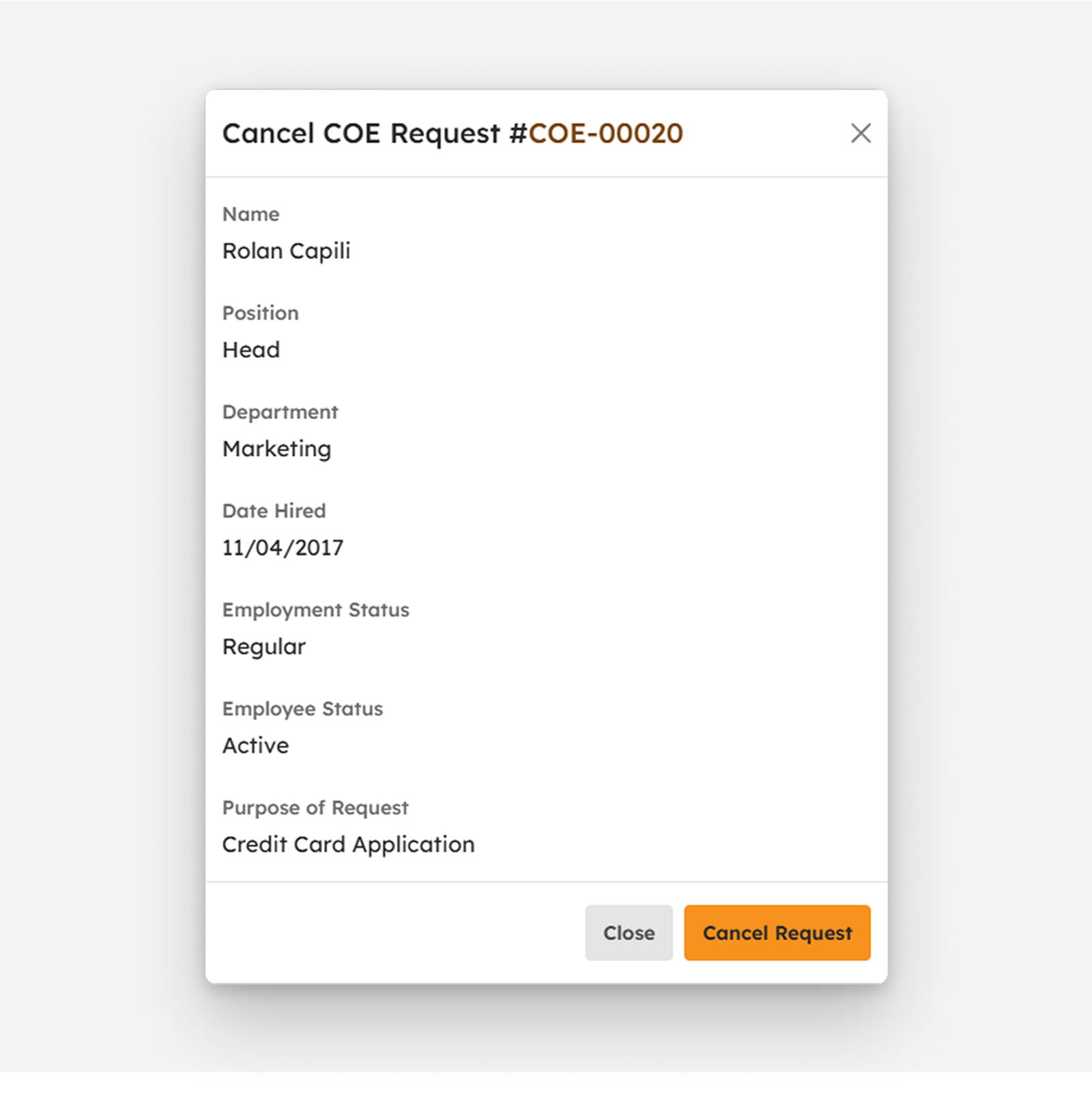 Cancel COE modal