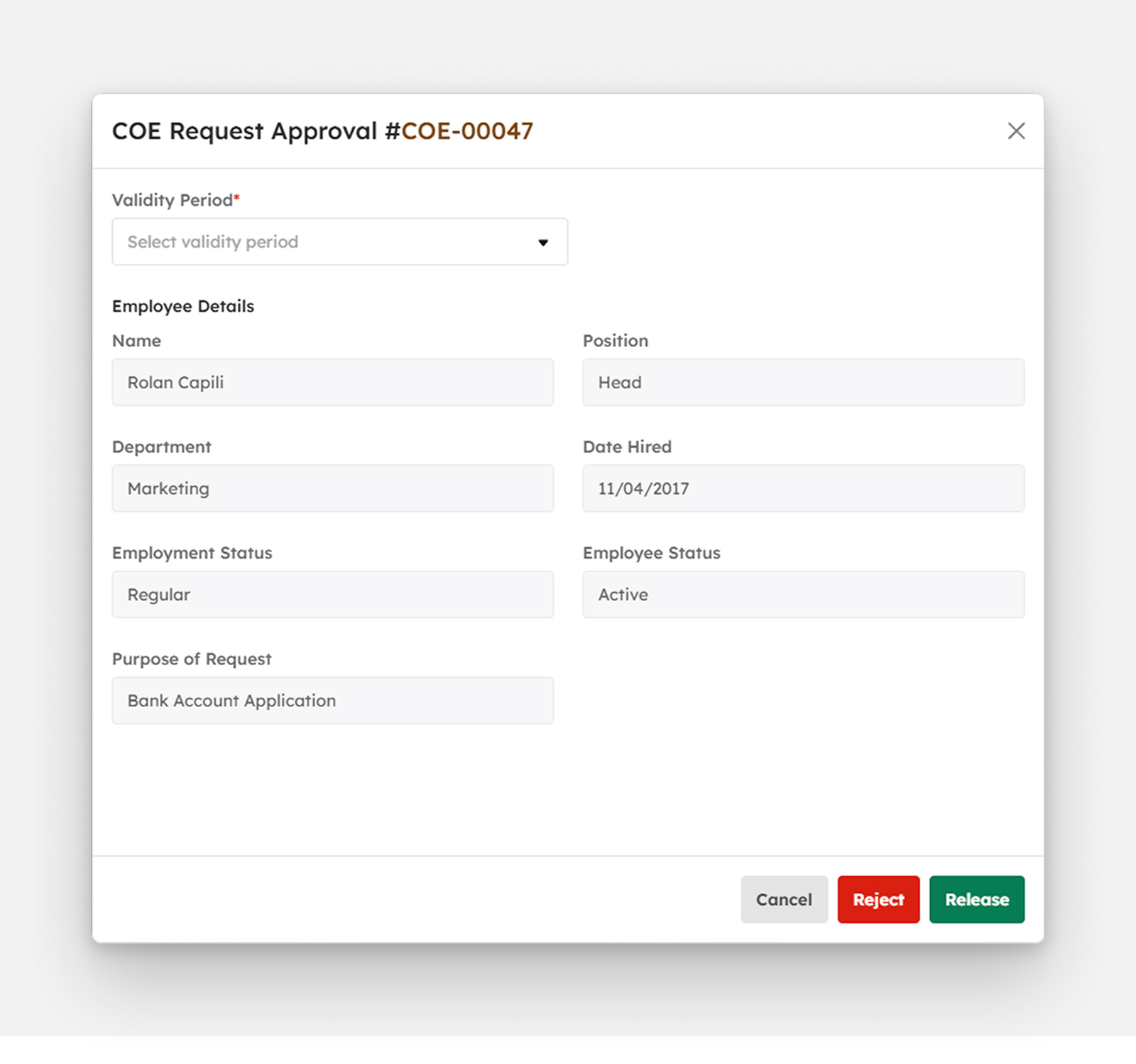 Approve COE modal