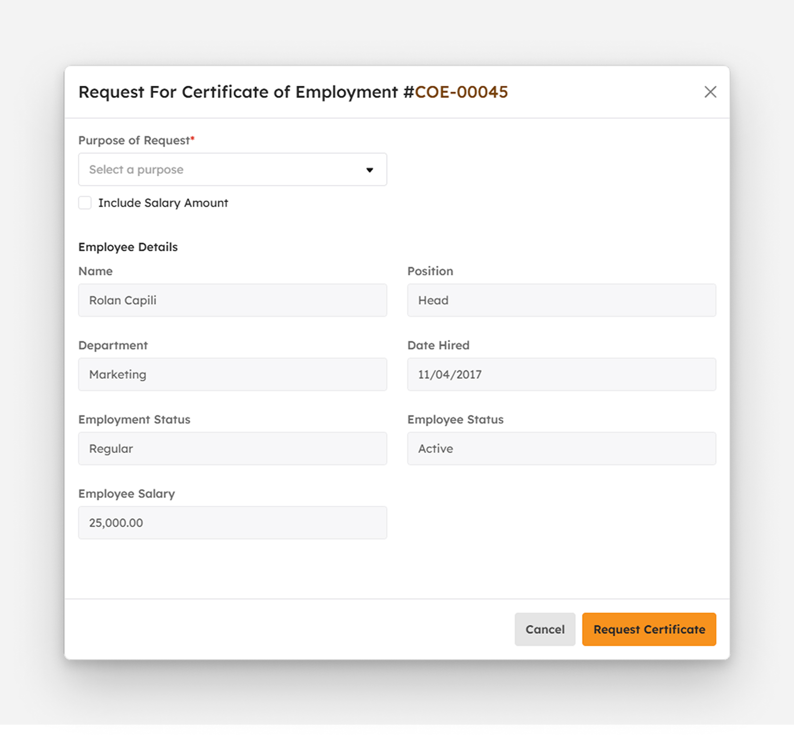 Request COE modal