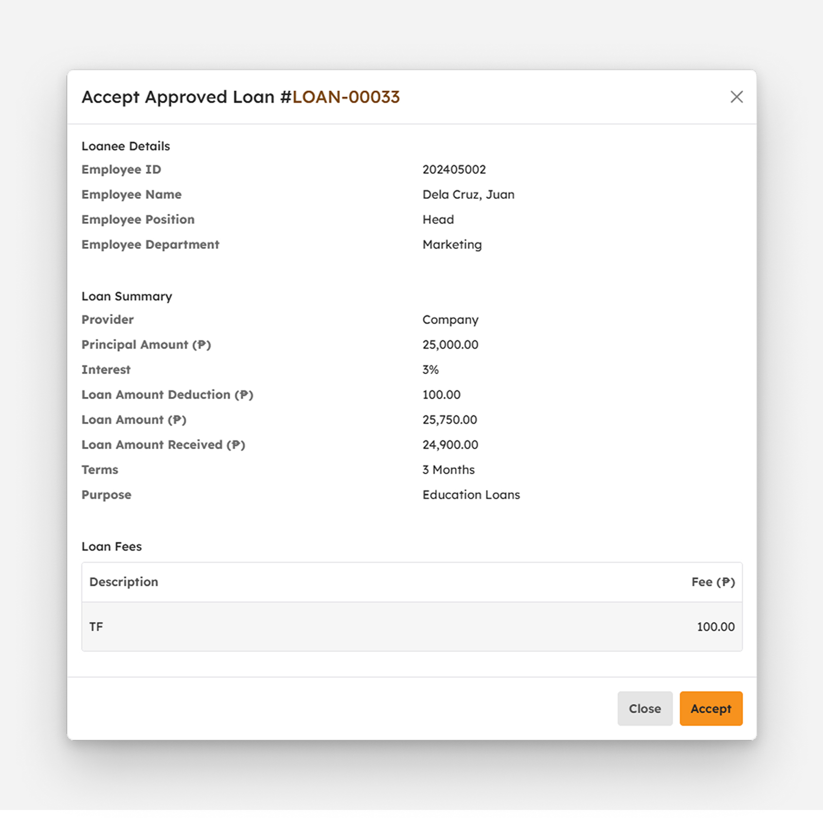 Accept Loan modal