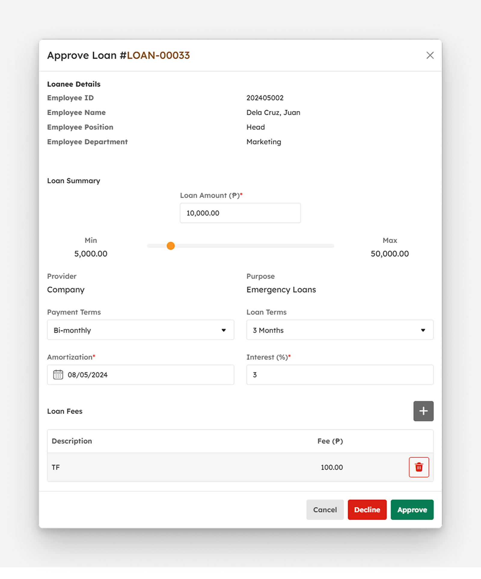 Approve Loan modal
