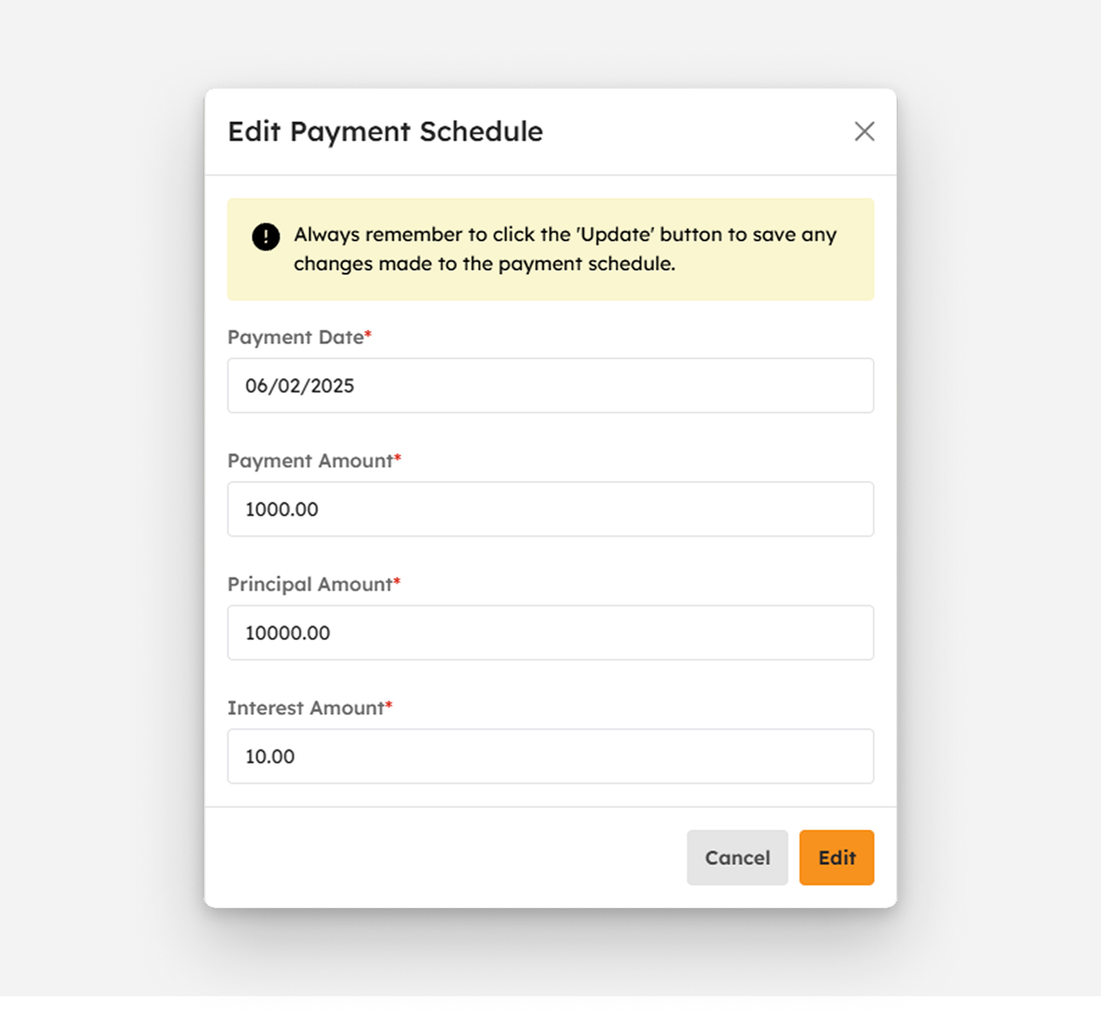 Edit Payment Schedule modal