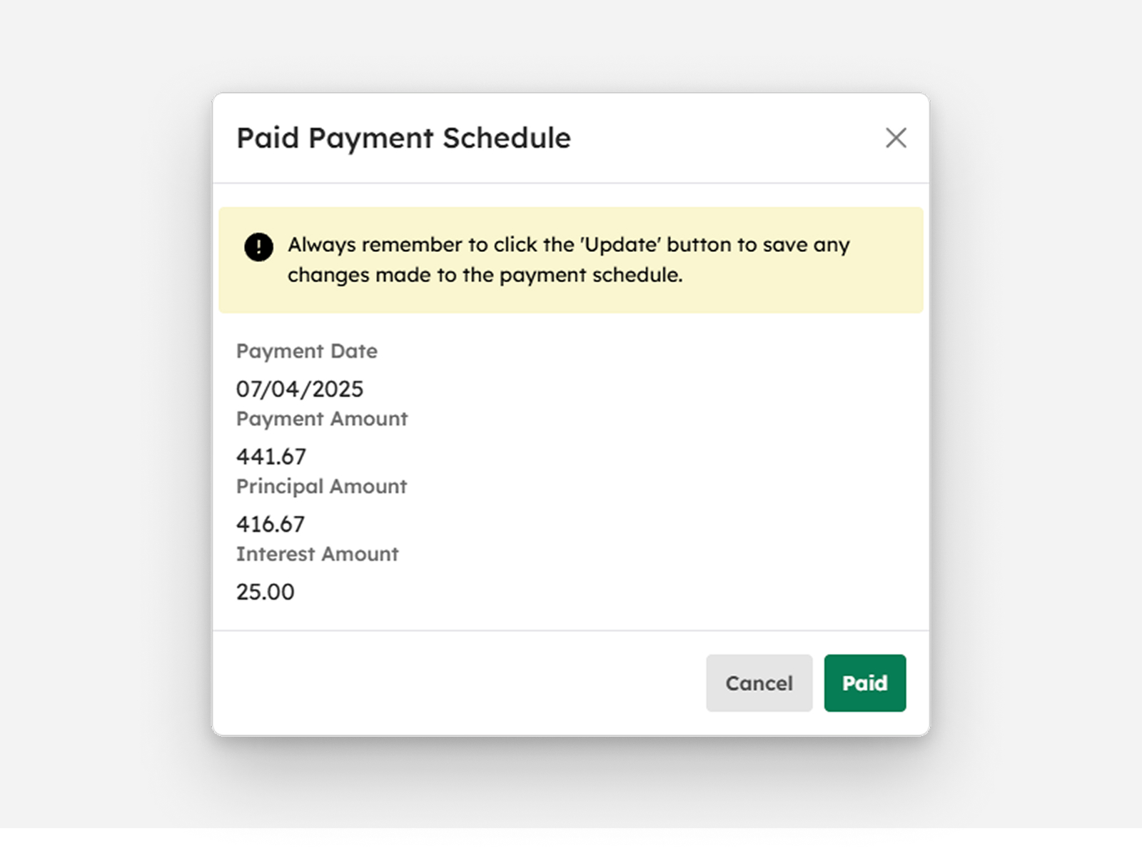 Paid Payment Schedule modal