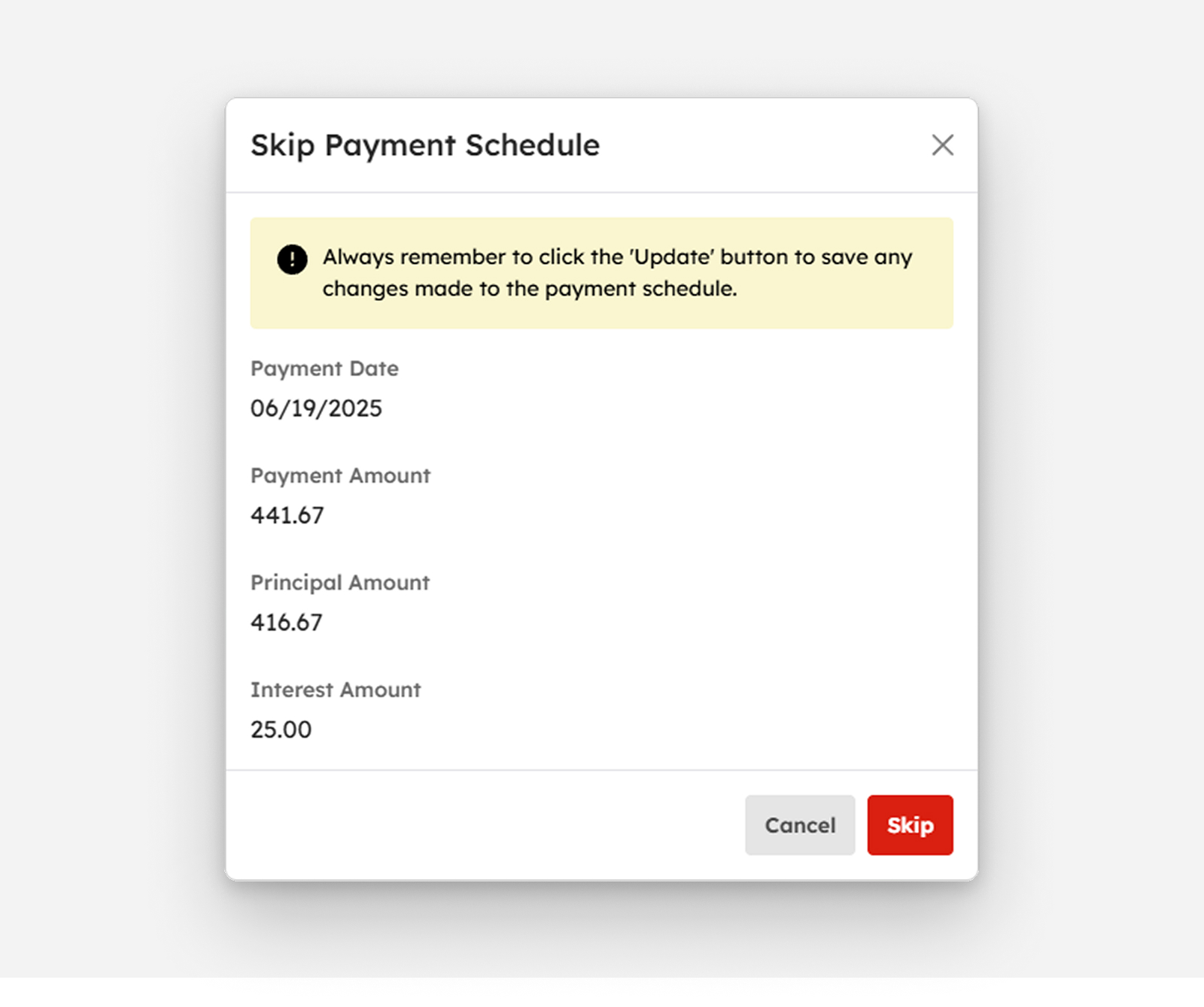 Skip Payment Schedule modal