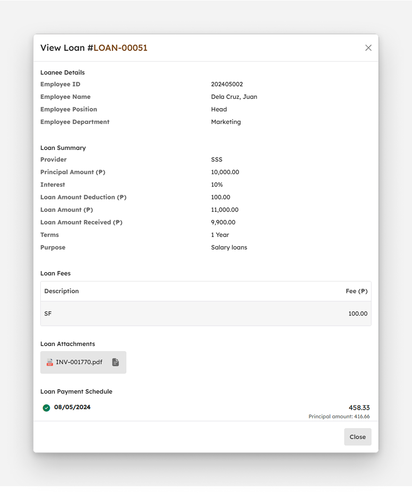 View Loan modal