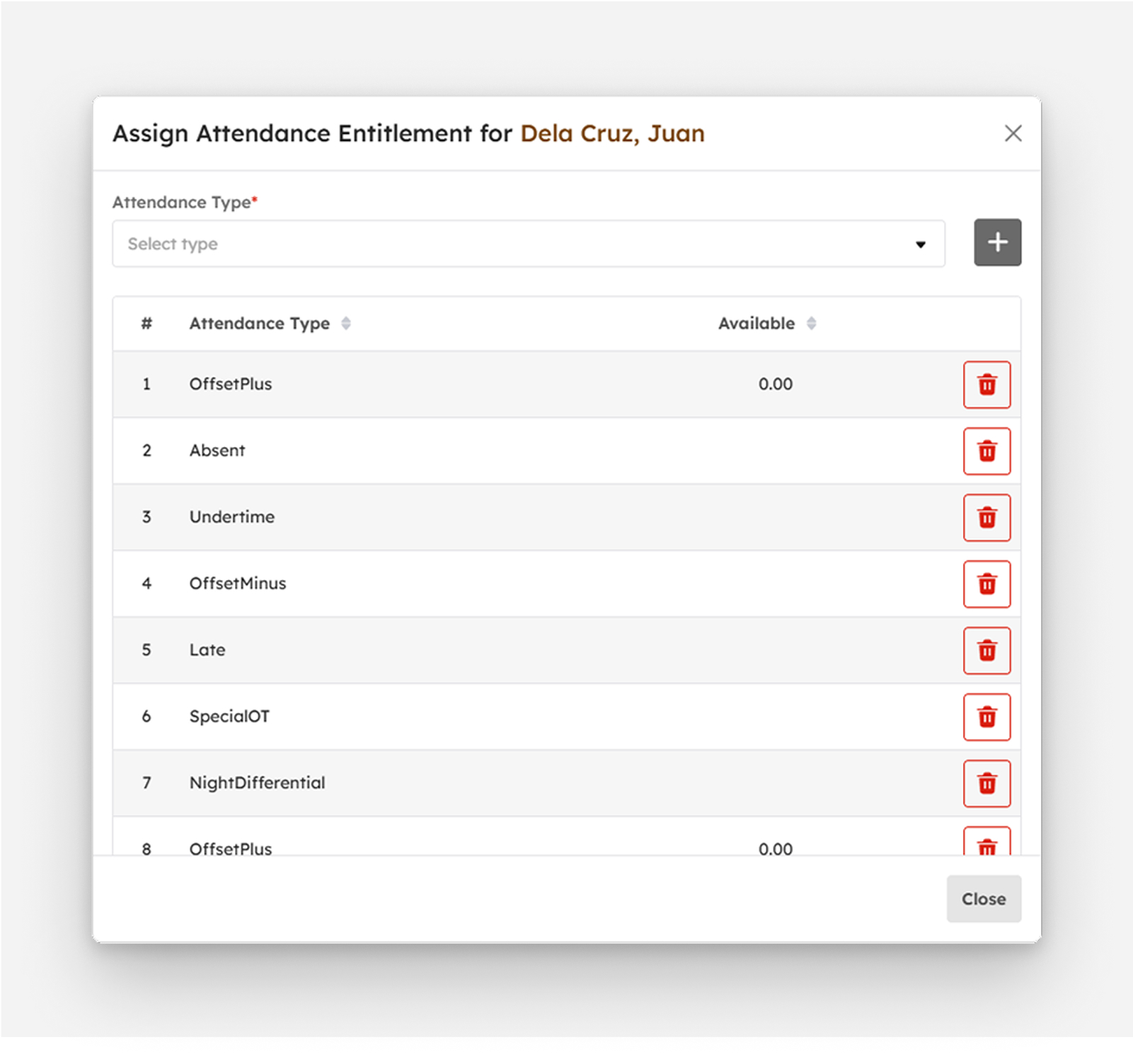 Assigning Attendance Entitlements modal empty
