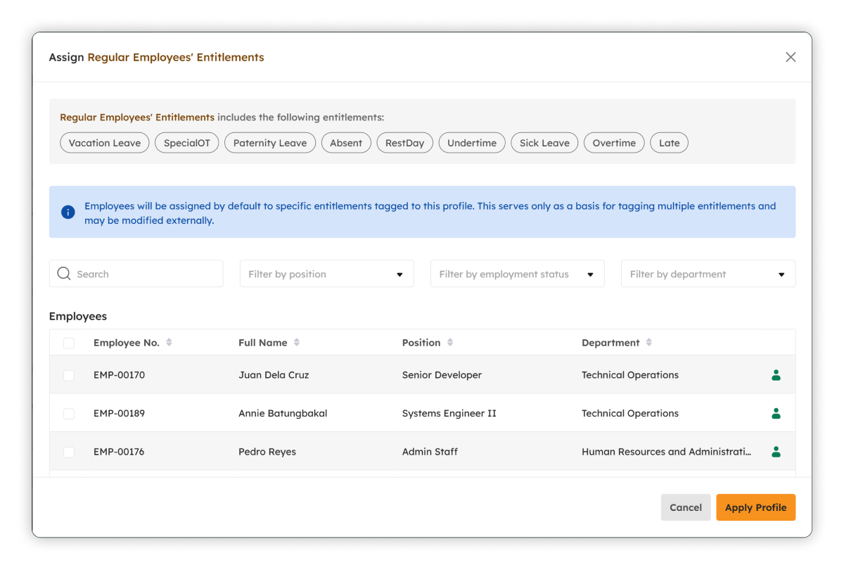 Assign Entitlement Profiles modal