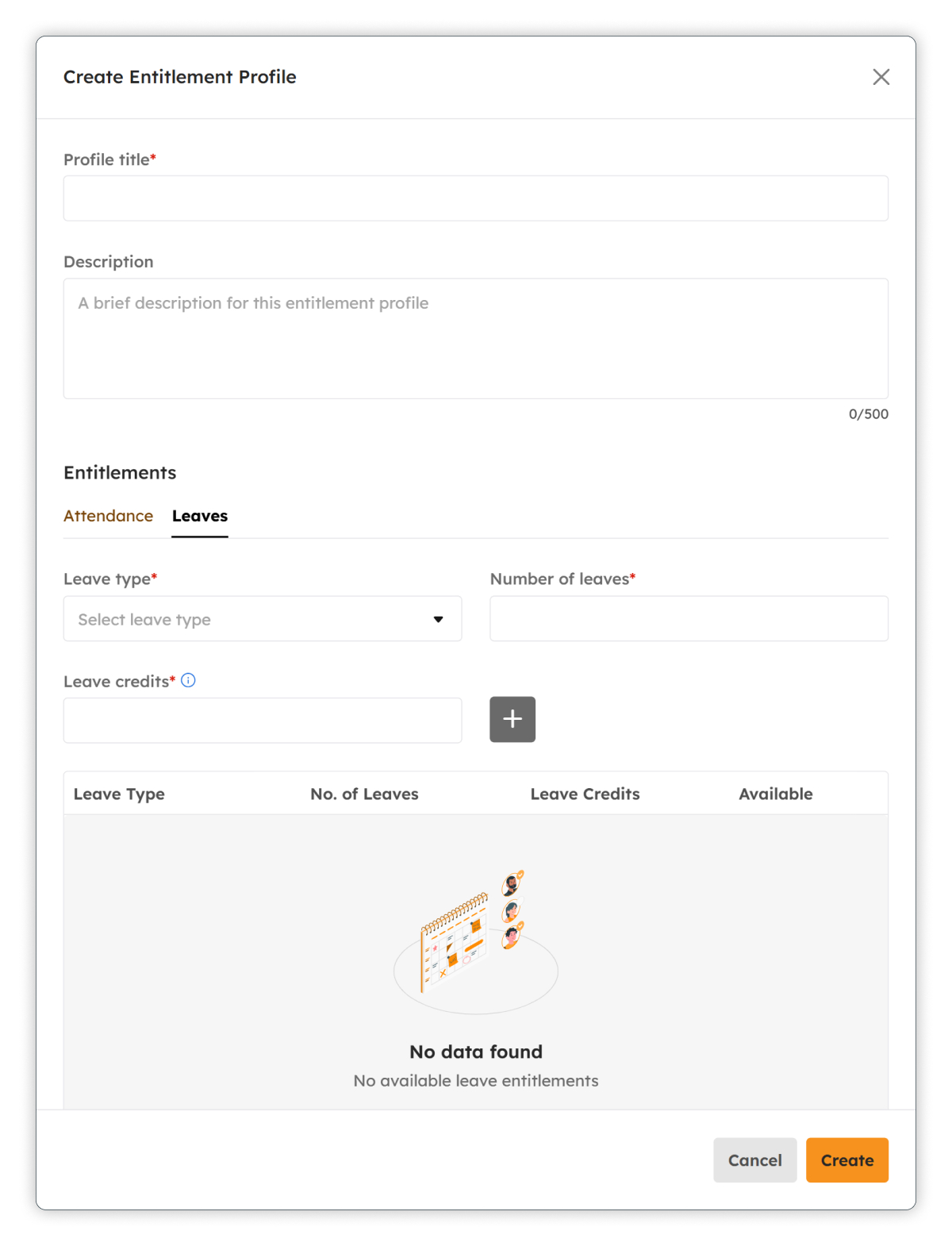 Create Leaves Entitlements modal