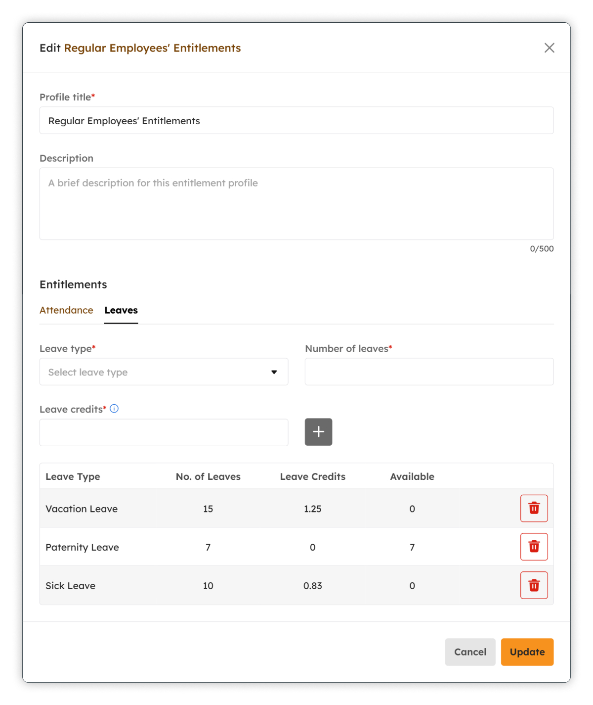 Edit Leaves Entitlements modal