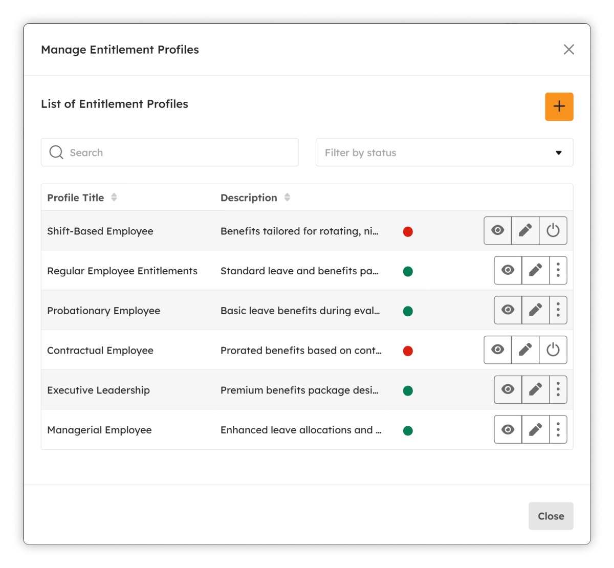 Manage Entitlement Profiles modal