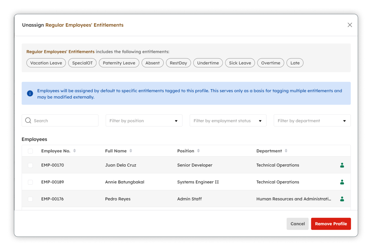 Unassign Entitlement Profiles modal
