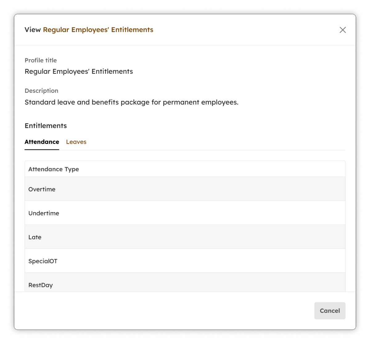 View Attendance Entitlements modal