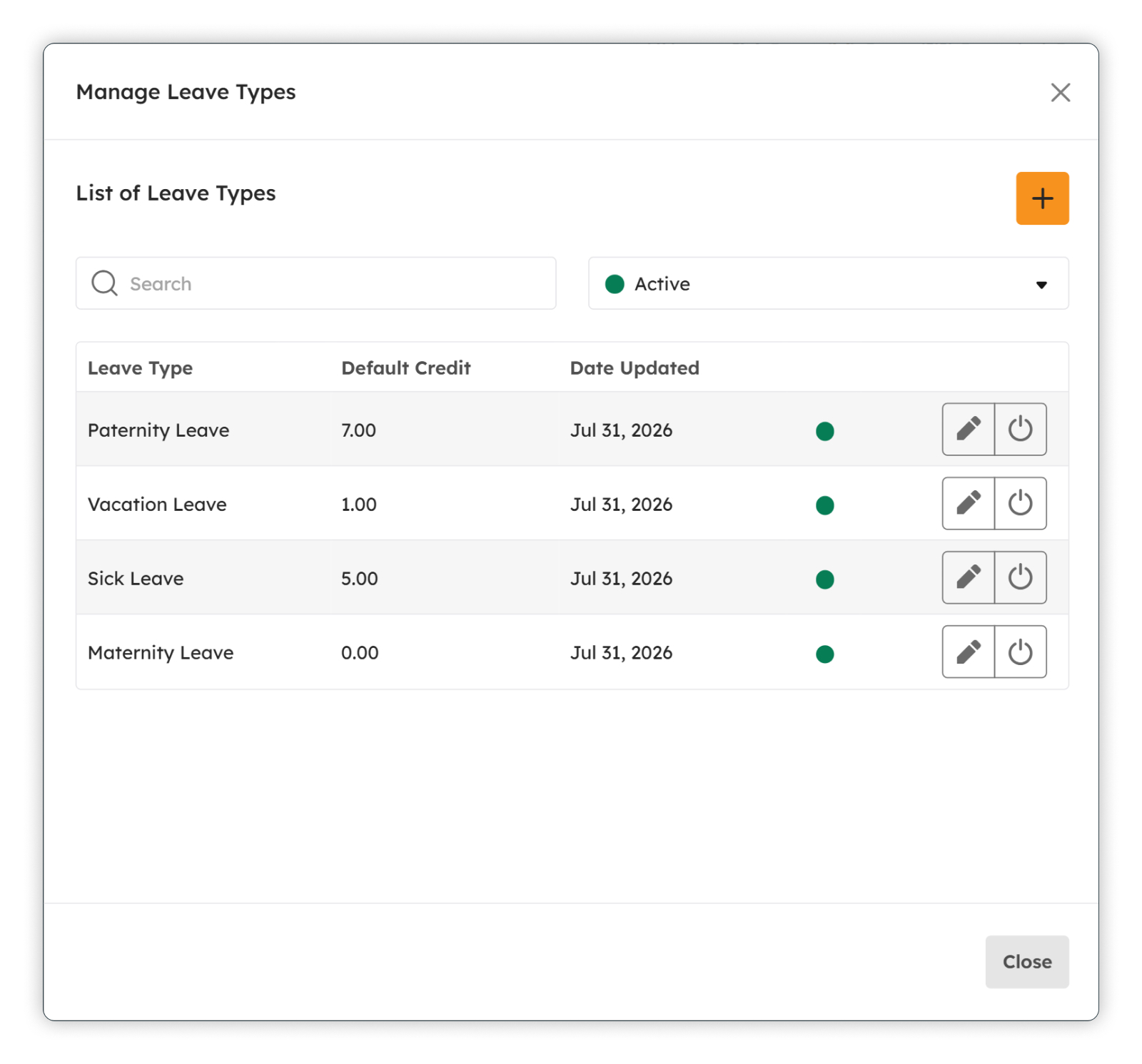 View Leave Types modal