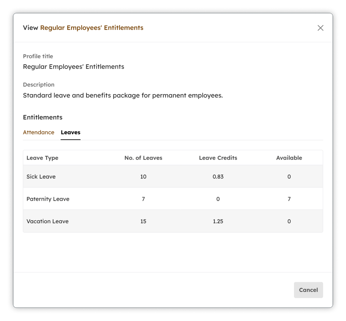 View Leaves Entitlements modal