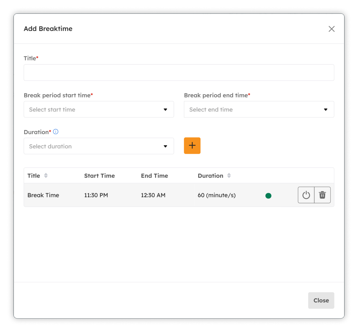 Add Breaktime modal