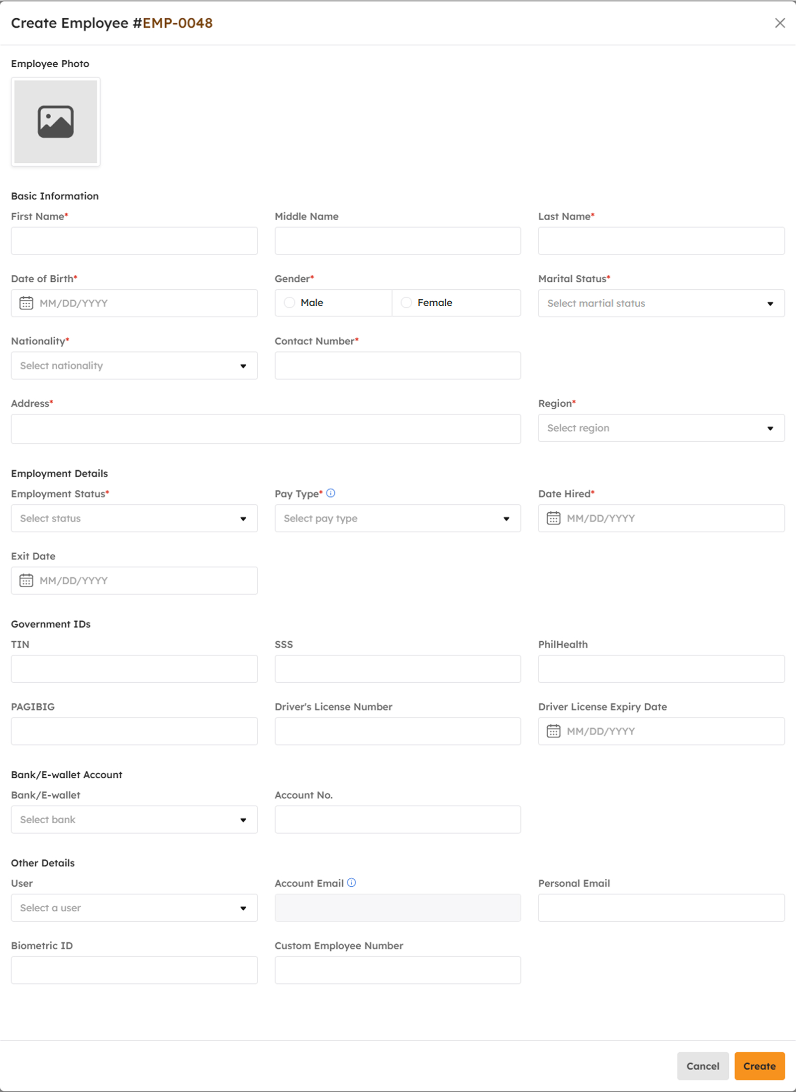 Create Employee modal