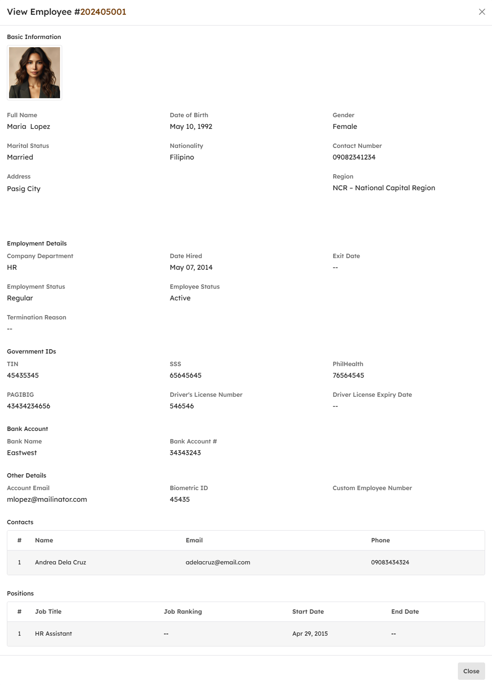 View Employee modal
