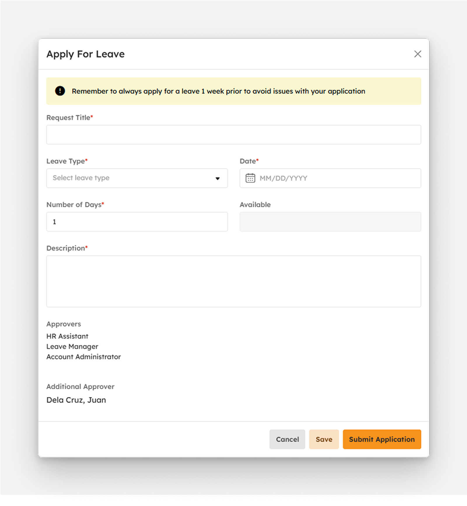 Applying for leave modal
